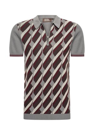 Polo a maniche corte grigio, con un motivo geometrico in bordeaux e crema. Include una chiusura a mezzo zip sul davanti e colletto a coste.