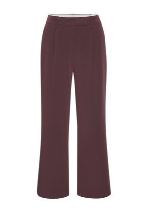 Dark plum wide-leg dress pants with a high waist and front pleats, shown flat without visible fasteners or pockets.