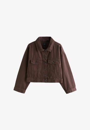 Braune, kurz geschnittene Jacke mit Knöpfen, Kragen, langen Ärmeln, zwei Brustklappentaschen und vertikalen Nahtdetails vorne.