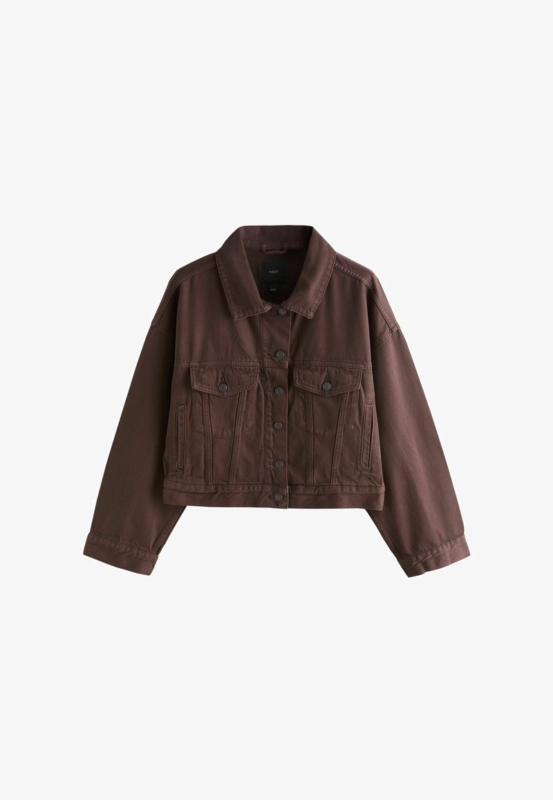 Veste marron raccourcie à boutons, avec col, manches longues, deux poches à rabat sur la poitrine et détails de coutures verticales sur le devant.