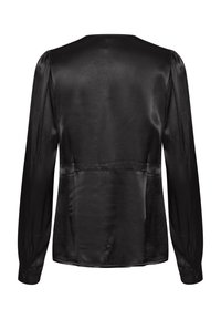 Blusa nera in satin con maniche lunghe, scollatura rotonda e polsini con bottoni. Tessuto liscio con una leggera lucentezza, progettata per una silhouette aderente.