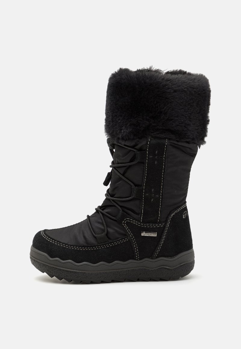 Botas de invierno impermeables negras con un bajo de ante texturizado, parte superior de tejido acolchado, puño de piel sintética y cordones elásticos para un ajuste seguro.