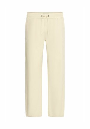 Pantalons beige clair, amples, fabriqués en tissu doux ; dotés d'une taille élastique avec cordon de serrage et de jambes droites.