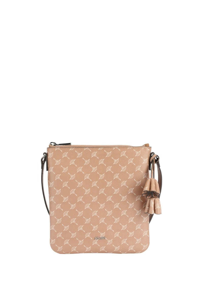 Borsa a tracolla in pelle marrone chiaro con motivo geometrico bianco, chiusura con zip e frange decorative. Caratterizzata da una tracolla rimovibile.