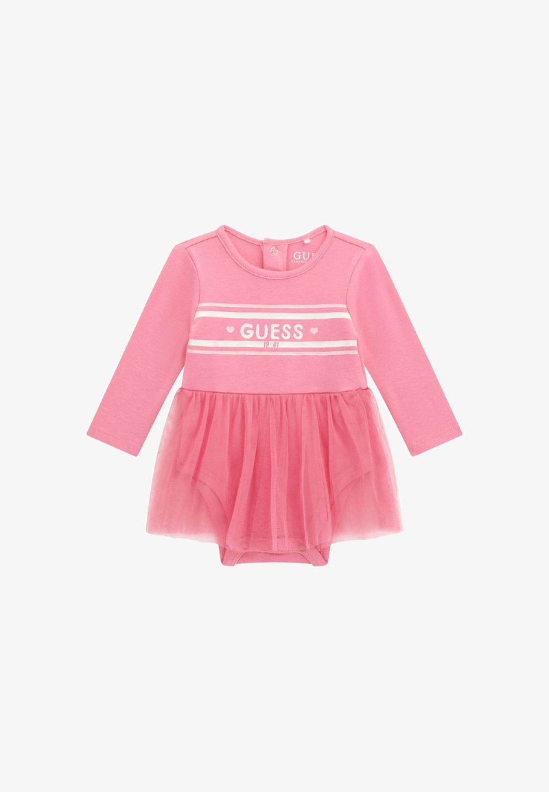 Roosa pika varrukaga bodi tüllse seelikuga. Mustris on "GUESS" tekst ja valged triibud bodice'il. Sile kangas, pehme tekstuur.