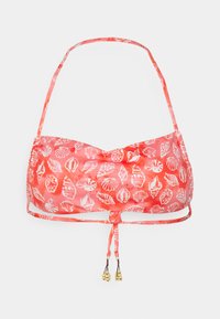 Top de bikini cor-de-rosa com padrões brancos de conchas, apresentando alças ajustáveis e laços nas costas com contas decorativas nas extremidades.