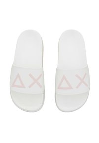 Ciabatte slide bianche con materiale liscio, suola piatta e simboli geometrici rosa sulla cinghia. Design semplice e minimalista.