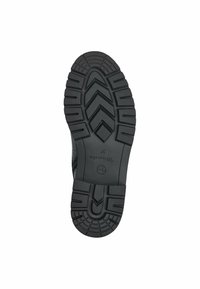 Schwarze Gummisohle für Schuhe mit einem strukturierten Design, tiefen Rillen und Profilmustern für verbesserten Halt und Langlebigkeit.