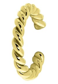 Boucle d'oreille en ton doré avec un design en corde tordue. Présente des accents lisses et arrondis ainsi qu'une forme circulaire. La finition en métal offre une texture brillante.