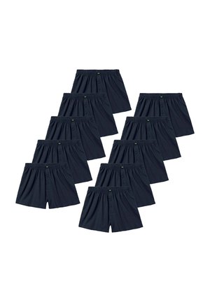 Ten pairs of black men's elastic waist boxer shorts with button fly arranged in a grid on a white background.