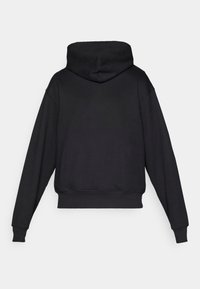 Black cropped hoodie featuring a rounded hood, long sleeves, a soft texture, and ribbed cuffs and hem. Simple, minimalist design.