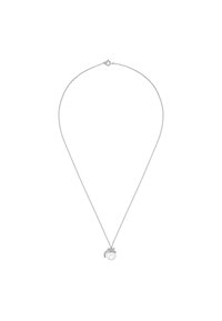 Zilveren ketting met een ronde parelhanger met een metallic accent en een delicate bloemdesign.