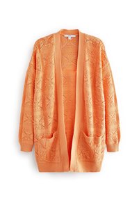 Pomarańczowy sweter na drutach z otwartym przodem, długimi rękawami, wzorzystą fakturą i dwoma przednimi kieszeniami.