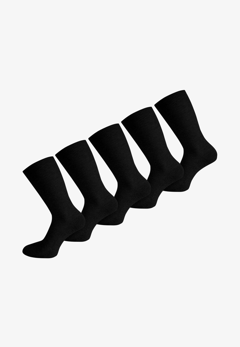Schwarze, gerippte knielange Socken. Fünf Paare angezeigt, mit einer glatten Textur und durchgehend einheitlicher Farbe. Keine sichtbaren Muster oder Akzente.