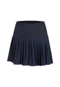 Gonna plissettata color blu navy con una larga vita a coste. Realizzata in tessuto morbido, presenta pieghe verticali per una silhouette fluente.