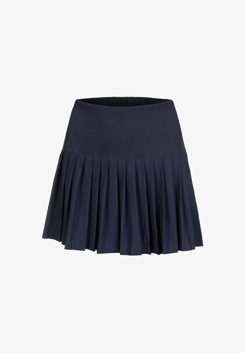 Gonna plissettata color blu navy con una larga vita a coste. Realizzata in tessuto morbido, presenta pieghe verticali per una silhouette fluente.