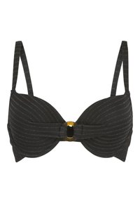 Top bikini nero con spalline sottili, caratterizzato da un fiocco centrale e un accento dorato rotondo. Il tessuto presenta sottili strisce metalliche.