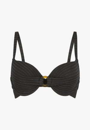 Schwarzes Bikini-Top mit dünnen Trägern, ausgestattet mit einer Mittel-Schleife und einem runden goldenen Akzent. Der Stoff hat subtile metallische Streifen.