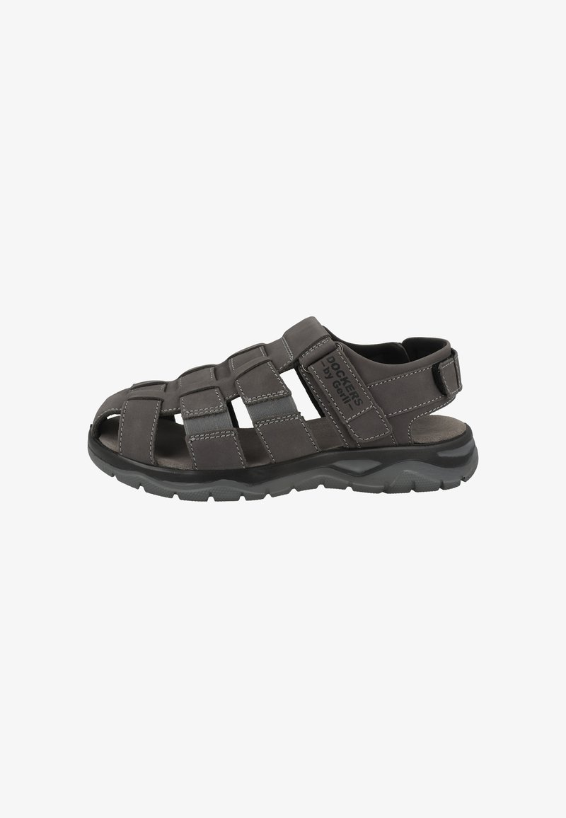 Sandale pour homme gris foncé à bout fermé avec plusieurs sangles, fermeture Velcro à la cheville, semelle rembourrée et marquage "Dockers by Gerli" sur le côté.
