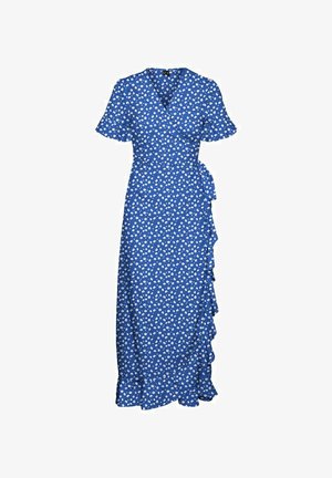 Blauwe wikkeljurk met korte mouwen, wit bloemenpatroon, gerimpelde zoom en zijstrikdetail. Gemaakt van lichtgewicht stof.