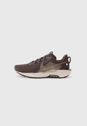 Dark brown running shoe with a textured mesh upper, contrasting light brown accents, segmented sole, and reflective details.