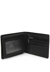 Black leather wallet with multiple card slots, a transparent ID window, and a zippered section for coins. Smooth texture with subtle branding.