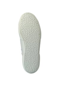 Weiße Sneakersohle mit strukturiertem Grip-Muster, versehen mit einer glatten Kante und dem eingeprägten Markennamen "SUPERGA" in der Mitte.