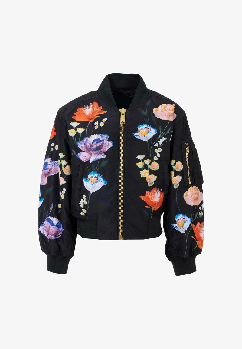 Zwarte bomberjack met kleurrijke bloemembroideries, een gouden rits, ribgebreide manchetten en onderrand, en een ritstas op één mouw.