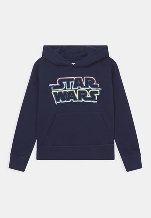 Sudadera con capucha azul marino que presenta un gran gráfico multicolor de 'STAR WARS' en el frente, con un bolsillo tipo canguro y capucha con cordón.