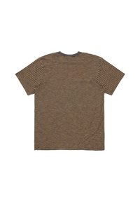 Korte mouw t-shirt met dunne horizontale strepen in bruin en zwart, met een grijze halslijn. Zachte stoftextuur en relaxte pasvorm.