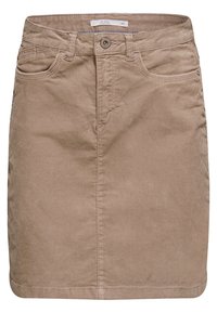 Jupe en velours côtelé beige avec bouton et fermeture éclair à l'avant, passants de ceinture, deux poches avant et un ourlet droit.