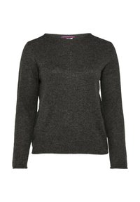 Dunkelgrauer Pullover mit Rundhalsausschnitt, langen Ärmeln und weichem, strukturiertem Stoff. Einfaches Design ohne Muster oder Verzierungen.