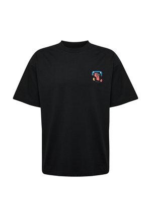Black cotton t-shirt with a relaxed fit, featuring a colorful graphic print on the left chest area. Short sleeves and round neckline.