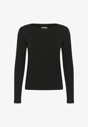 Must have pikkade varrukatega must topp, millel on lai kaelus, ribakujuline tekstuur ja kinnised varrukad. Valmistatud pehmest materjalist, omades minimalistiilist disaini.