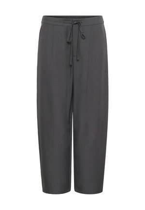 Pantaloni gri cu croială lejeră, având talie elastică și șnur. Confecționați dintr-un material neted cu un luciu subtil.