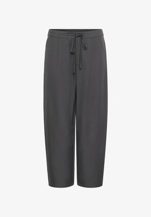 Grijze broek met een ontspannen pasvorm, voorzien van een elastische tailleband en trekkoord. Gemaakt van een gladde stof met een subtiele glans.