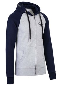 Hooded zip-up sweatshirt met een grijze romp en marineblauwe mouwen. Voorzien van een trekkoord, twee zijzakken en een geborduurd logo op de borst.