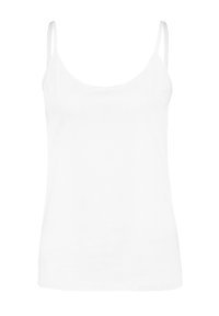 Weißes Tanktop aus leichtem Stoff, mit verstellbaren dünnen Trägern und einem runden Ausschnitt, glatter Textur und taillierter Silhouette.