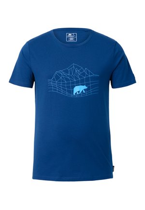 Blaues Baumwoll-T-Shirt mit einem geometrischen Berg- und Bären-Design in hellem Blau, Rundhals, kurzen Ärmeln und einem normalen Schnitt.