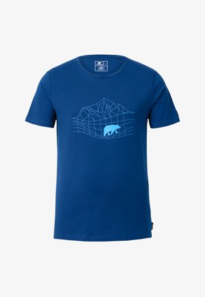Blauwe katoenen T-shirt met een geometrische berg en een beer in lichter blauw, ronde hals, korte mouwen en een normale pasvorm.