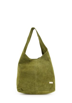 Green suede hobo bag with a slouchy silhouette, single adjustable strap, and subtle logo accent on the side. Smooth texture, no visible hardware.