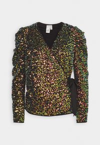 Top nero avvolgente con maniche lunghe, ricoperto di paillettes multicolori che creano un effetto scintillante; presenta un dettaglio annodato in vita.