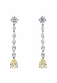 Pendientes colgantes que presentan una combinación de piedras preciosas claras y amarillas en forma de pera y redondas, montadas en metal plateado.