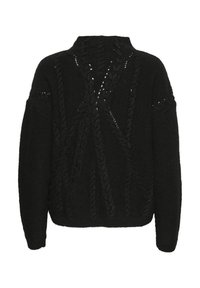 Schwarzer Strickpullover mit hohem Kragen, komplizierten Zopfmuster und einer strukturierten Oberfläche. Entworfen mit langen Ärmeln und einer lockeren Passform.