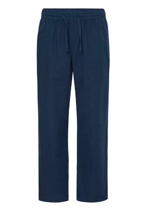 Donkerblauwe casual broek met elastische tailleband en verstelbare trekkoord, rechte pijp.