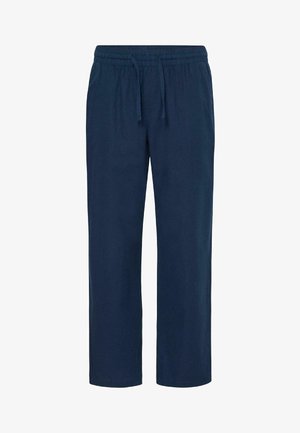 Neformalke hlače mornarsko plave boje s elastičnim pojasom i podesivim vezicama, ravnog kroja.