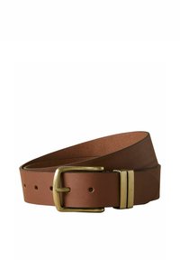 Brown leather belt with a brass rectangular buckle and two brass loops, coiled on a white background.