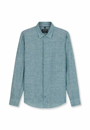 Long-sleeve button-up shirt in textured light blue fabric with standard collar and cuffs, displayed flat on white background.