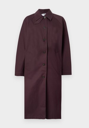 Dark plum long coat with collar, five front buttons, and two side pockets, displayed against a white background.