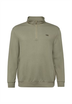 Lichtolijfgroene pullover met lange mouwen, halve rits aan de kraag en een klein rechthoekig logo op de linkerborst.
